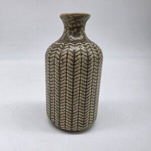 Handmade Ceramic Vase With Textured Chevron Pattern & Neutral Tones 5.5"
